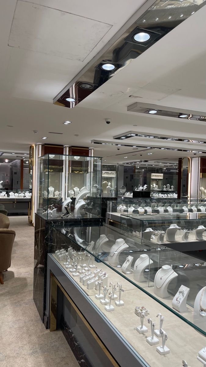 Miami jewelry showroom with glass display cases.